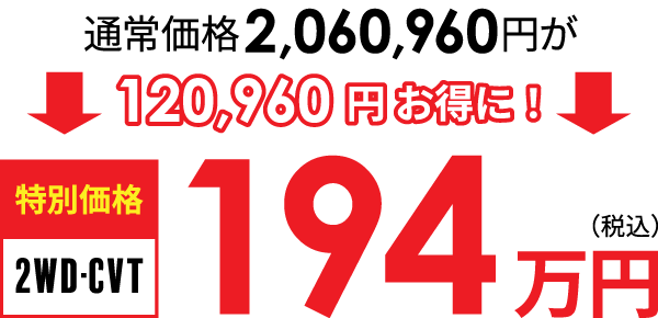 通常価格2,060,960円を120,960円お得に! 特別価格(2WD・CVT)194万円(税込)